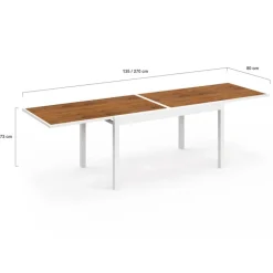 Salon de jardin extensible 12 personnes table 135/270 cm plateau effet bois et chaises empilables blanc et bois