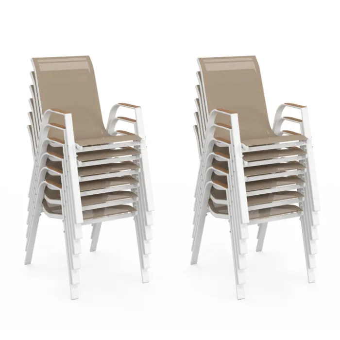Salon de jardin extensible 12 personnes table 135/270 cm plateau effet bois et chaises empilables blanc et bois