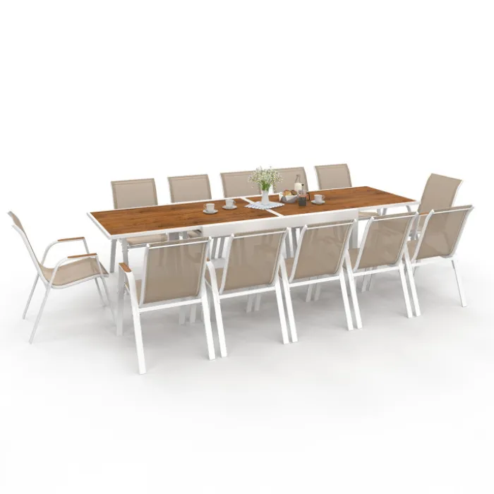 Salon de jardin extensible 12 personnes table 135/270 cm plateau effet bois et chaises empilables blanc et bois