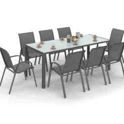 Salon de jardin gris anthracite table 190 cm et 8 chaises empilables