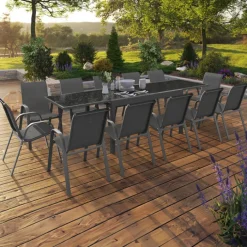 Salon de jardin gris anthracite avec table extensible et 12 chaises
