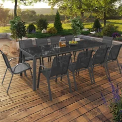 Salon de jardin gris avec chaises empilables 10 personnes