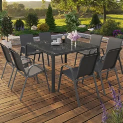 Salon de jardin MADRID table carrée 130 CM et 8 chaises empilables gris anthracite