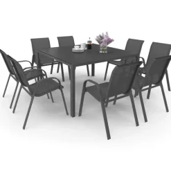 Salon de jardin MADRID table carrée 130 CM et 8 chaises empilables gris anthracite