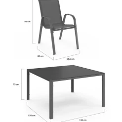 Salon de jardin MADRID table carrée 130 CM et 8 chaises empilables gris anthracite