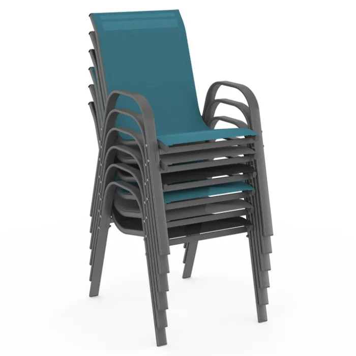 Salon de jardin mix color bleu, gris et noir table 190 cm et 8 chaises empilables