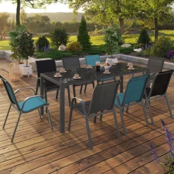 Salon de jardin mix color bleu, gris et noir table 190 cm et 8 chaises empilables