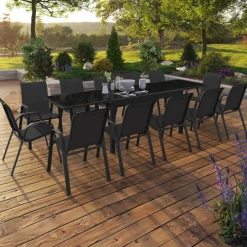Salon de jardin noir avec table extensible et 12 chaises empilables