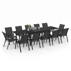 Salon de jardin noir avec table extensible et 12 chaises empilables