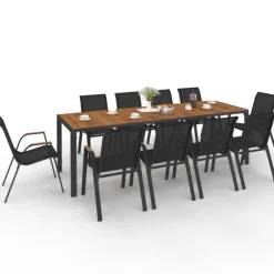 Salon de jardin noir et bois table de jardin 240 cm avec 10 chaises empilables