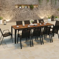 Salon de jardin noir et bois table de jardin 240 cm avec 10 chaises empilables