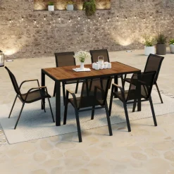 Salon de jardin noir et bois avec table 150 cm plateau verre trempé effet bois et 6 chaises empilables