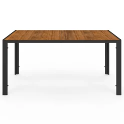 Salon de jardin noir et bois avec table 150 cm plateau verre trempé effet bois et 6 chaises empilables