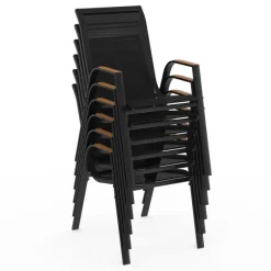 Salon de jardin noir et bois avec table 150 cm plateau verre trempé effet bois et 6 chaises empilables