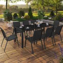Salon de jardin noir table 190 cm et 8 chaises empilables