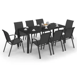 Salon de jardin noir table 190 cm et 8 chaises empilables