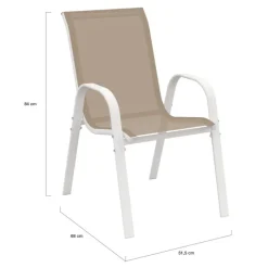 Salon de jardin 6 personnes chaises empilables blanc et beige table 150 cm
