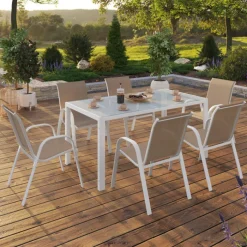 Salon de jardin 6 personnes chaises empilables blanc et beige table 150 cm