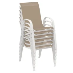 Salon de jardin 6 personnes chaises empilables blanc et beige table 150 cm