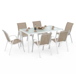 Salon de jardin 6 personnes chaises empilables blanc et beige table 150 cm