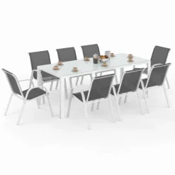 Salon de jardin table 190 cm et 8 chaises empilables blanc et gris