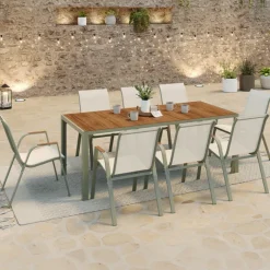 Salon de jardin table 190 cm plateau verre trempé effet bois et 8 chaises empilables vert et bois