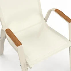 Salon de jardin table 190 CM plateau verre trempé effet bois et 8 chaises empilables beige et bois