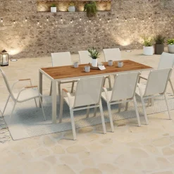 Salon de jardin table 190 CM plateau verre trempé effet bois et 8 chaises empilables beige et bois