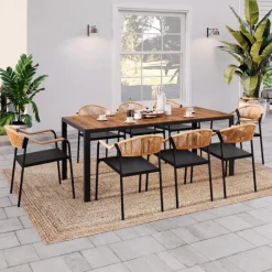 Salon de jardin table 190 cm et 8 chaises cordage et textilène noir et rotin clair