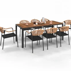 Salon de jardin table 190 cm et 8 chaises cordage et textilène noir et rotin clair
