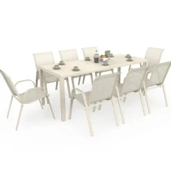 Salon de jardin table 190 CM et 8 chaises empilables beige