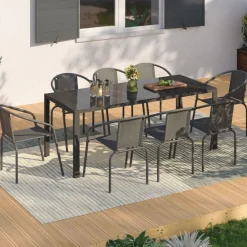 Salon de jardin table 190 CM et 8 chaises empilables gris anthracite