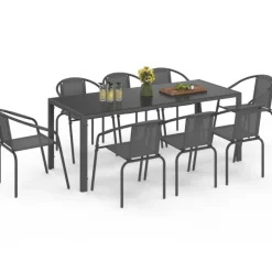 Salon de jardin table 190 CM et 8 chaises empilables gris anthracite