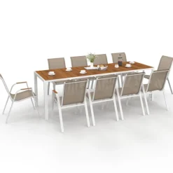 Salon de jardin table 240 CM plateau verre trempé effet bois et 10 chaises empilables blanc et bois