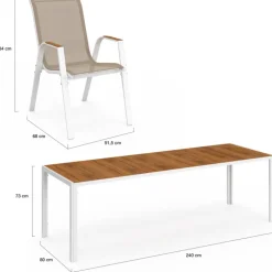 Salon de jardin table 240 CM plateau verre trempé effet bois et 10 chaises empilables blanc et bois