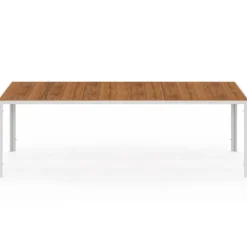 Salon de jardin table 240 CM plateau verre trempé effet bois et 10 chaises empilables blanc et bois