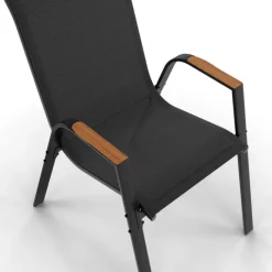 Salon de jardin table extensible avec plateau verre trempé effet bois et chaises empilables