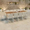 Salon de jardin table extensible 135/270 CM plateau verre trempé effet bois et 12 chaises empilables beige et bois