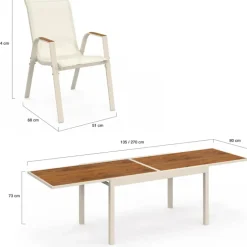 Salon de jardin table extensible 135/270 CM plateau verre trempé effet bois et 12 chaises empilables beige et bois