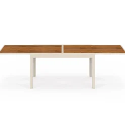 Salon de jardin table extensible 135/270 CM plateau verre trempé effet bois et 12 chaises empilables beige et bois