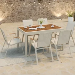 Salon de jardin table extensible 135/270 CM plateau verre trempé effet bois et 12 chaises empilables beige et bois