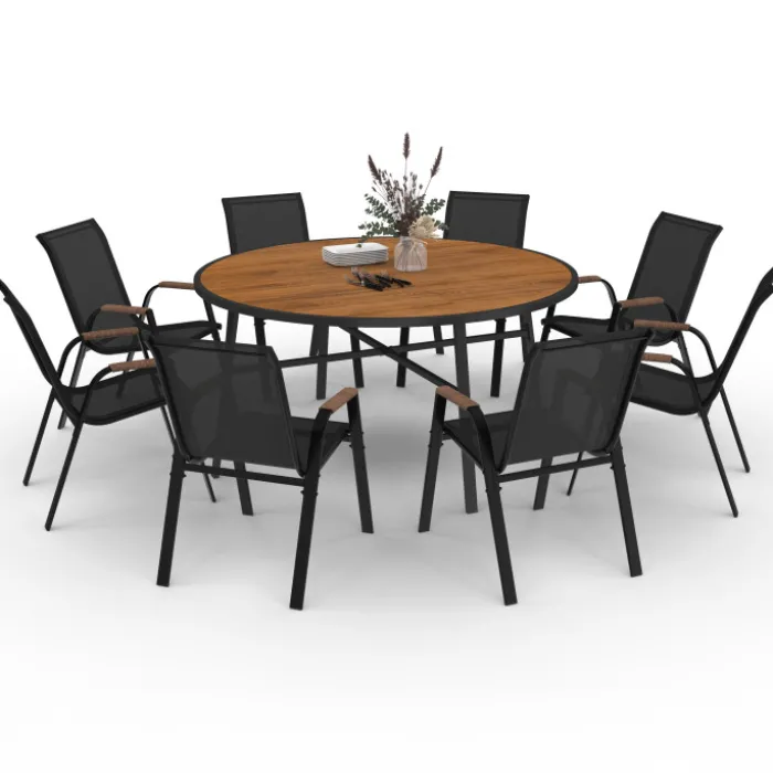 Salon de jardin table ronde 150 cm plateau verre trempé effet bois et 8 chaises empilables noir et bois