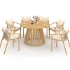 Salon de jardin table ronde 120 cm avec pied lattes en métal et 6 chaises de jardin avec lanières et coussins beiges