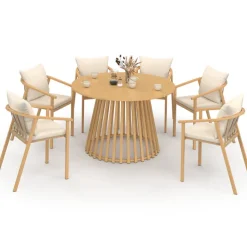 Salon de jardin table ronde 120 cm avec pied lattes en métal et 6 chaises de jardin avec lanières et coussins beiges