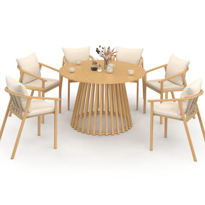 Salon de jardin table ronde 120 cm avec pied lattes en métal et 6 chaises de jardin avec lanières et coussins beiges