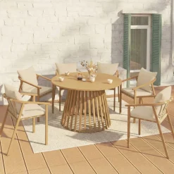Salon de jardin table ronde 120 cm avec pied lattes en métal et 6 chaises de jardin avec lanières et coussins beiges