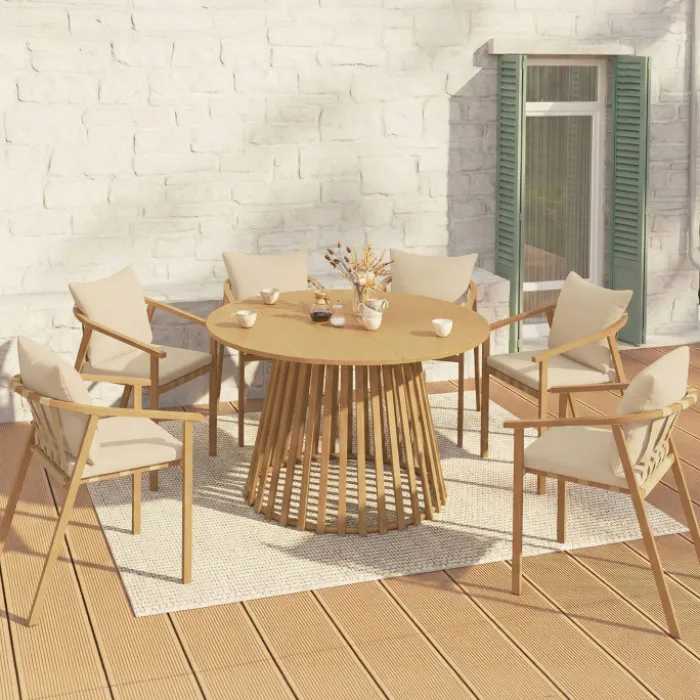 Salon de jardin table ronde 120 cm avec pied lattes en métal et 6 chaises de jardin avec lanières et coussins beiges