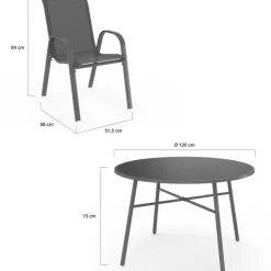 Salon de jardin table ronde 120 CM et 6 chaises empilables gris anthracite