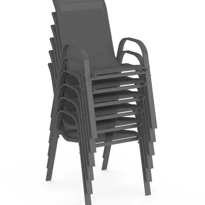 Salon de jardin table ronde 120 CM et 6 chaises empilables gris anthracite