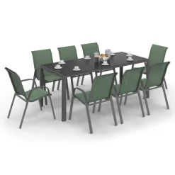 Salon de jardin vert olive avec table 190 cm et 8 chaises empilables